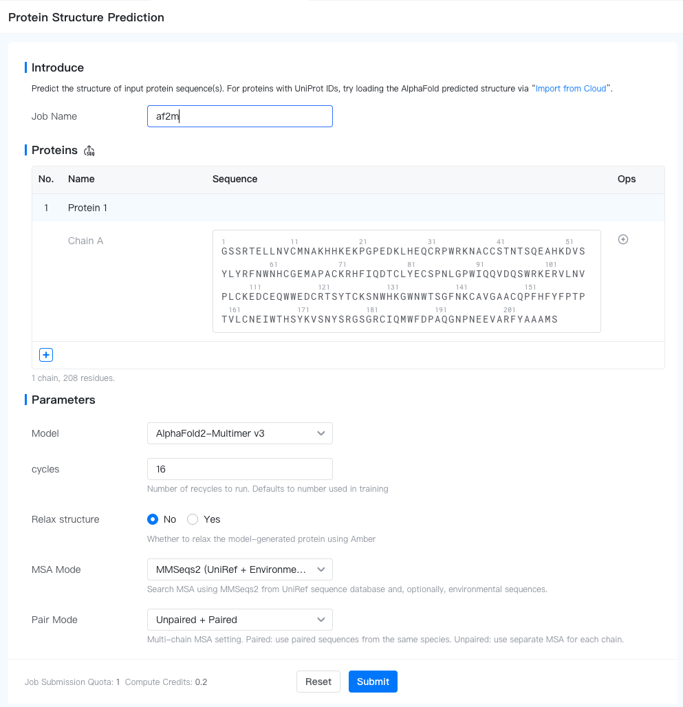 Job submission form: Protein structure prediction (AlphaFold2-Multimer v3)